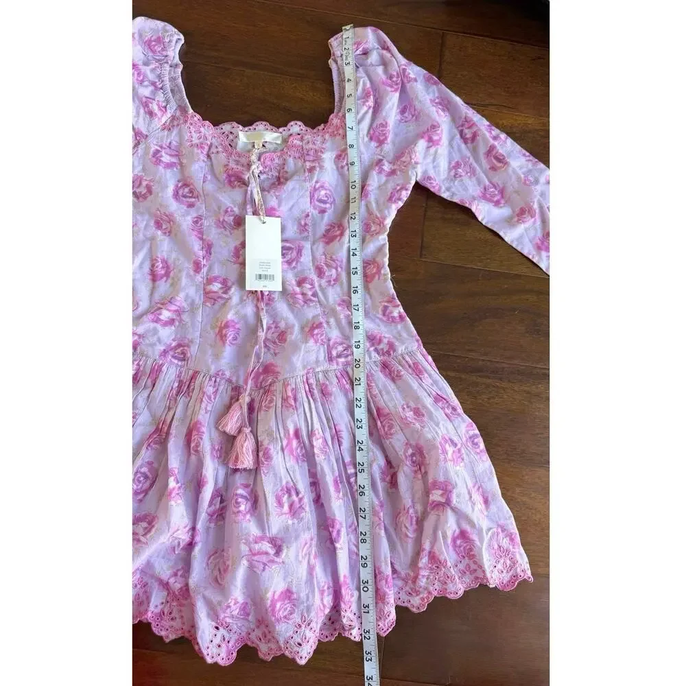 LoveShackFancy Deeba 8 Mini Dress Pink Lilac Fusion Pink Purple Lace Up - Picture 12 of 15
